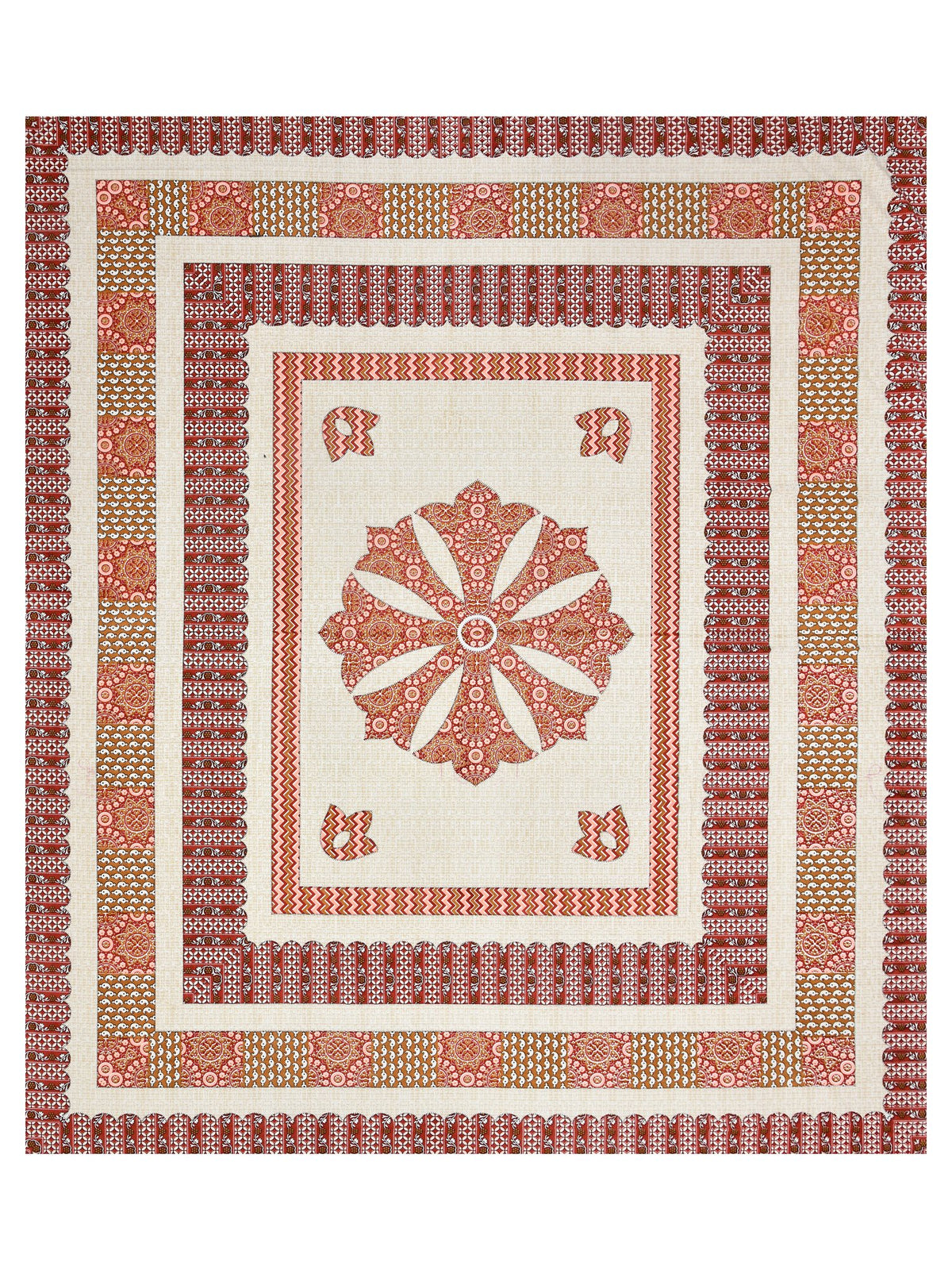 Full flat view of the cream bedsheet with central rust mandala medallion and layered borders