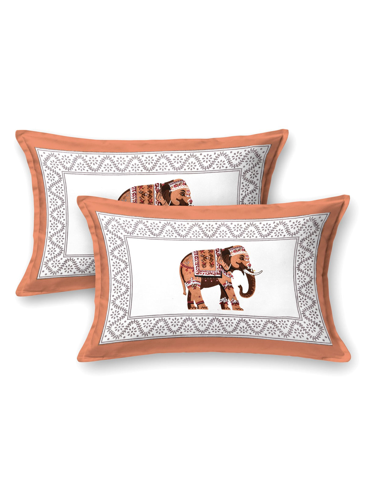 Two pillow covers with a rust orange frame and a single rust orange elephant motif in the centre