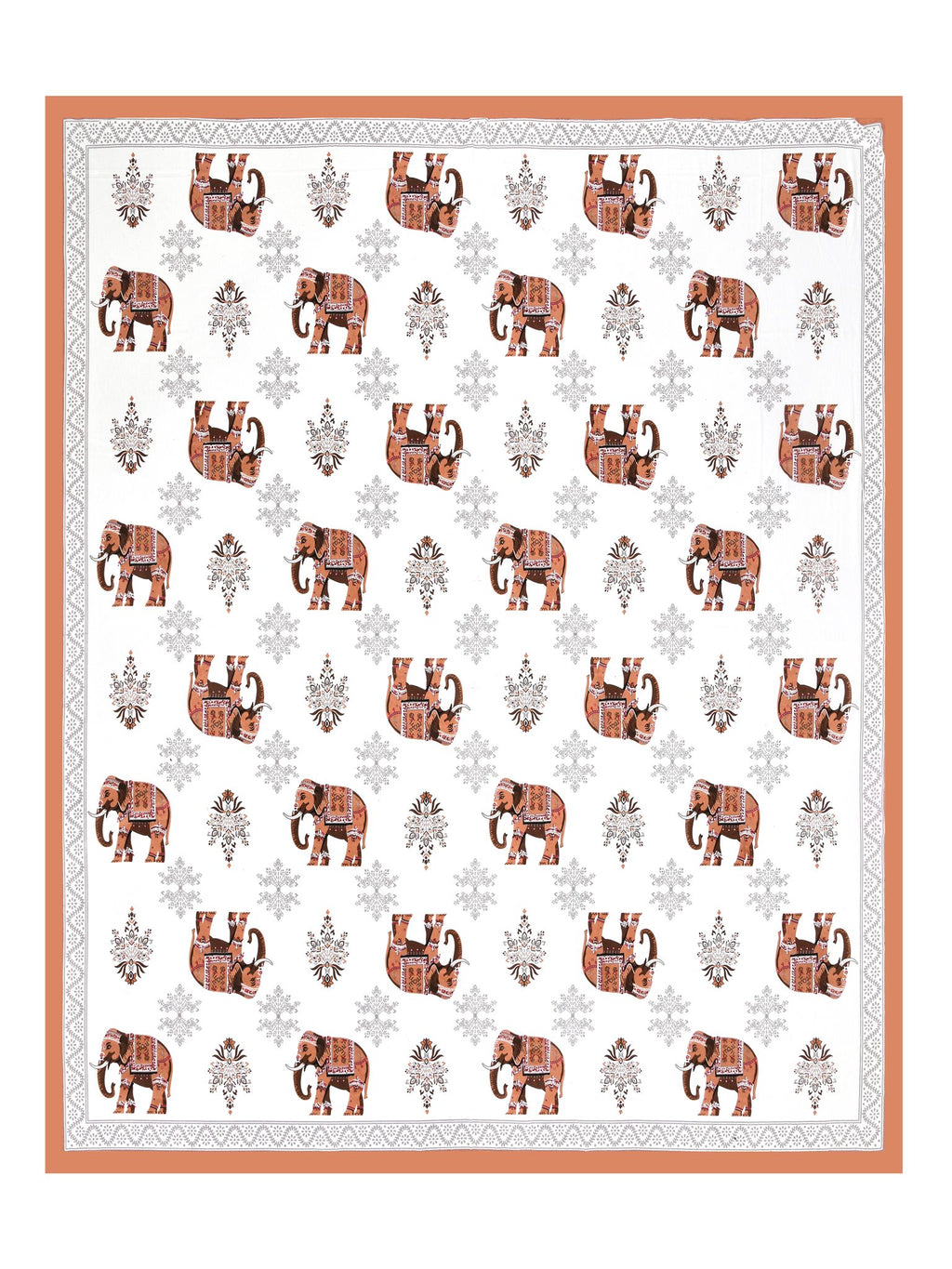 Full flat view of Castile India rust orange elephant print super king bedsheet 108x108 with border