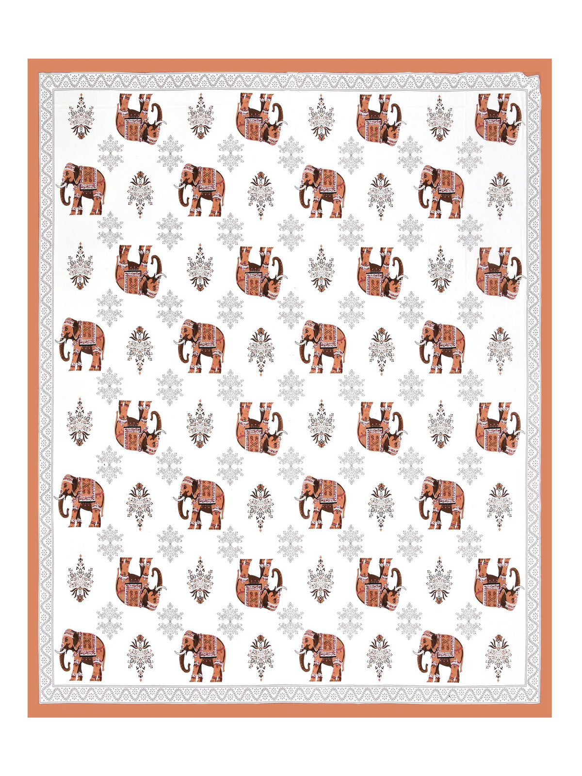 Full flat view of Castile India rust orange elephant print super king bedsheet 108x108 with border
