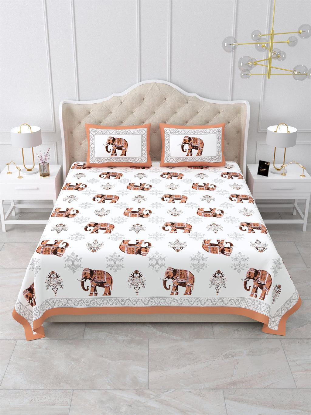 Front view of Castile India rust orange elephant print super king size bedsheet 108x108 with 2 pillow covers
