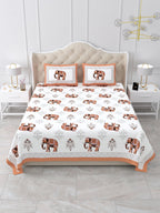 Front view of Castile India rust orange elephant print super king size bedsheet 108x108 with 2 pillow covers