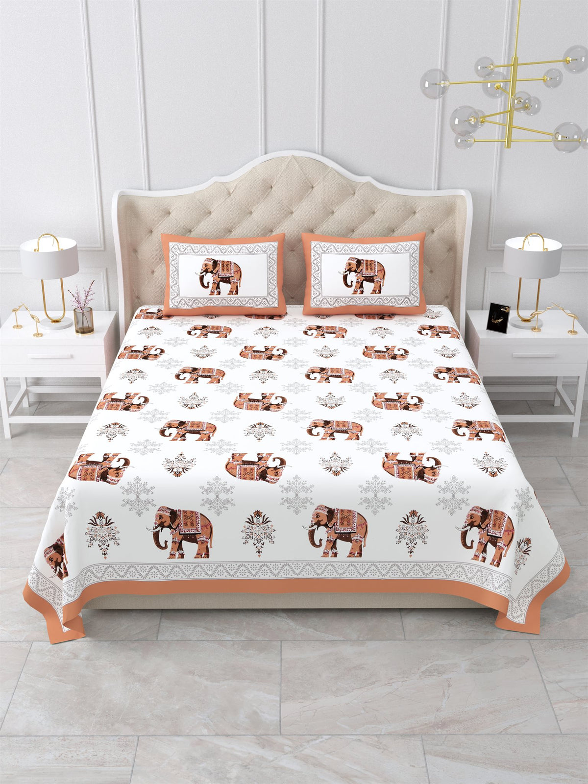 Front view of Castile India rust orange elephant print super king size bedsheet 108x108 with 2 pillow covers