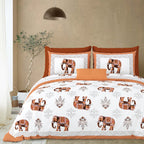 Styled bedroom view of the rust orange elephant print bedsheet with pillow covers