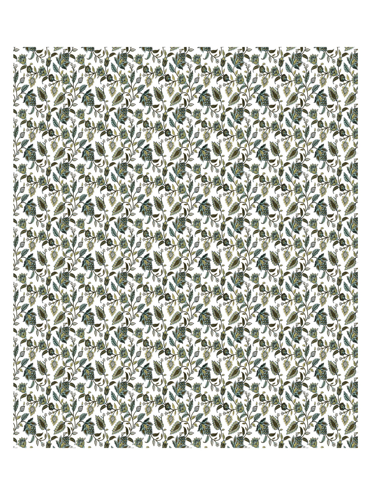 Full flat view of Castile India sage green and white floral vine bedsheet 90x108