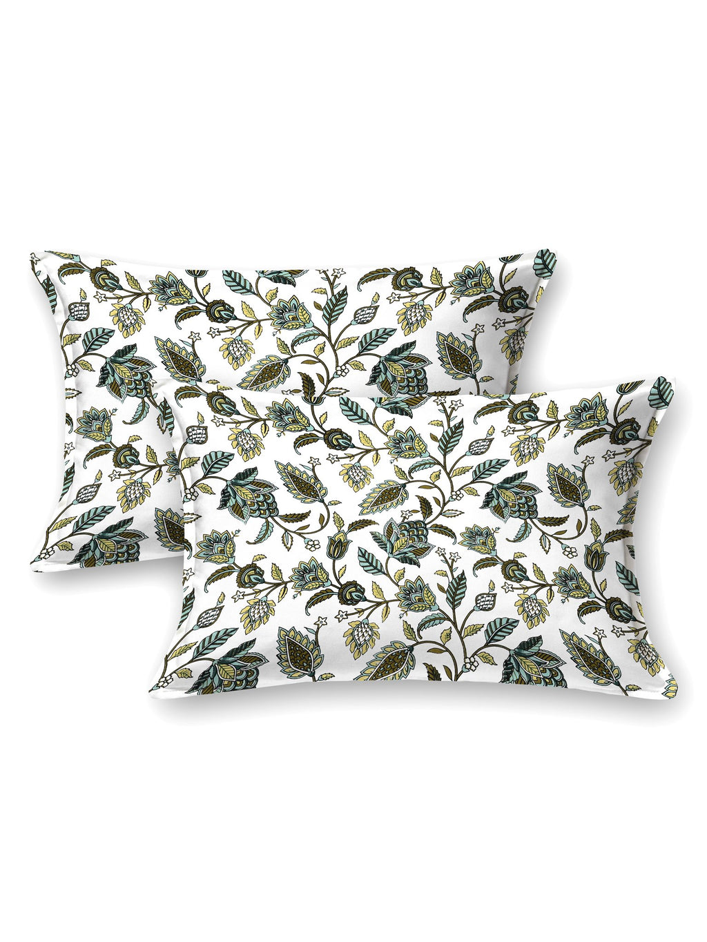 Two white pillow covers with olive, sage and mint trailing floral vine print