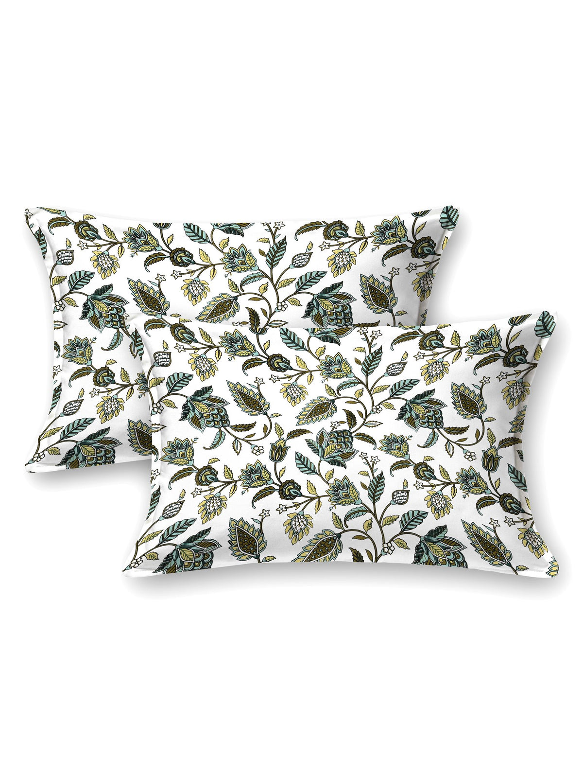 Two white pillow covers with olive, sage and mint trailing floral vine print