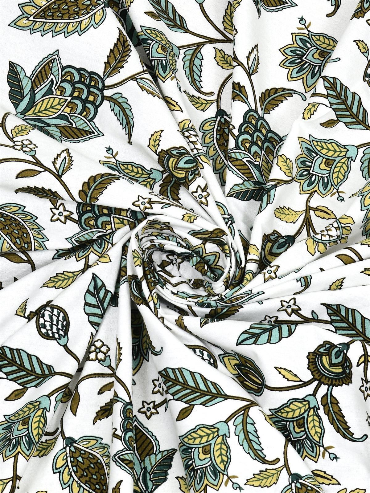 Swirled fabric close-up of olive, sage and mint floral vines on a white base