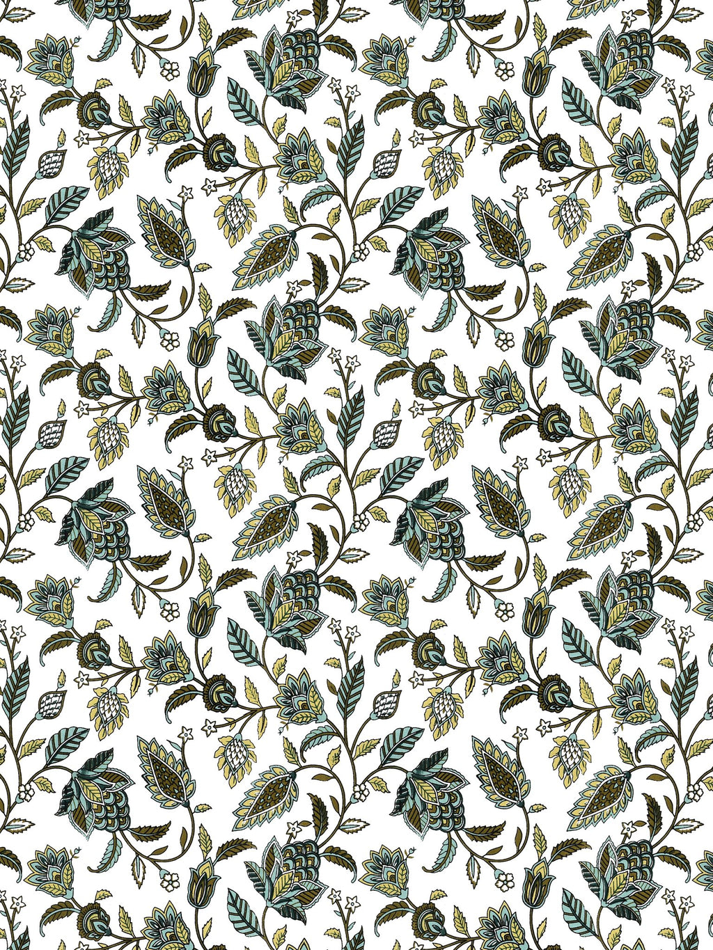 Close-up of the trailing olive, sage and lime-green floral vine pattern on white