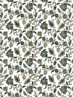 Close-up of the trailing olive, sage and lime-green floral vine pattern on white