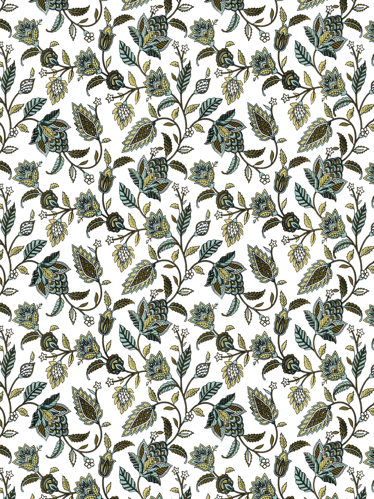 Close-up of the trailing olive, sage and lime-green floral vine pattern on white