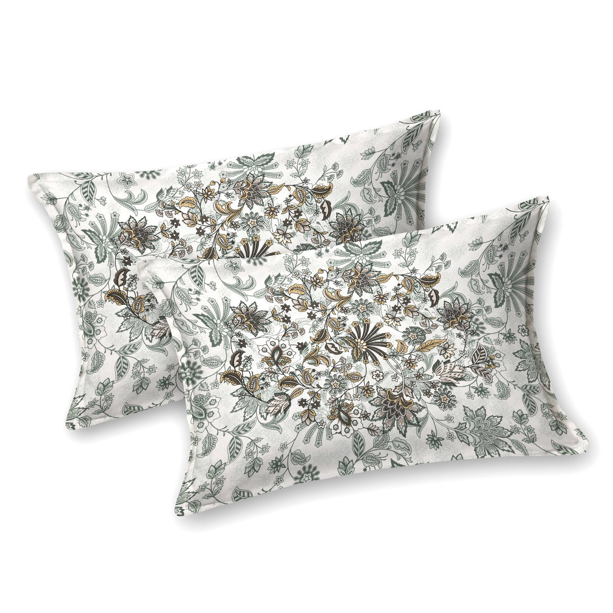 Two white pillow covers with sage-grey leaves and an oval cluster of olive and charcoal flowers