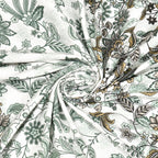 Swirled fabric showing grey-green leaves and olive flowers on white, Har_93_047 Grey bedsheet