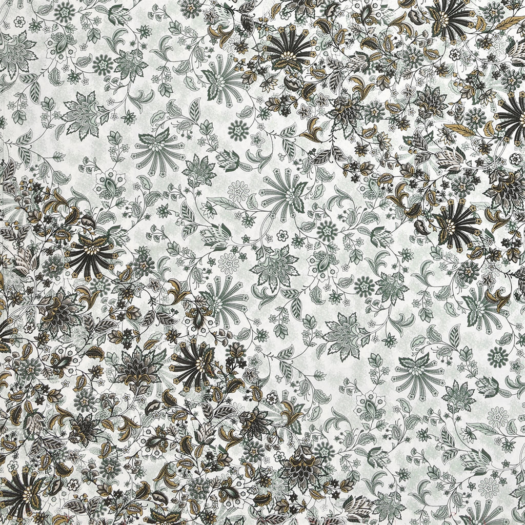 Close-up of sage-grey floral print with darker olive and charcoal blooms on white