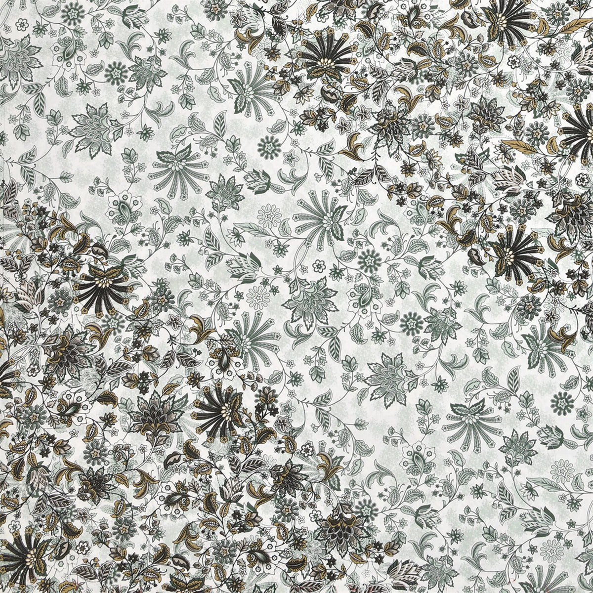 Close-up of sage-grey floral print with darker olive and charcoal blooms on white