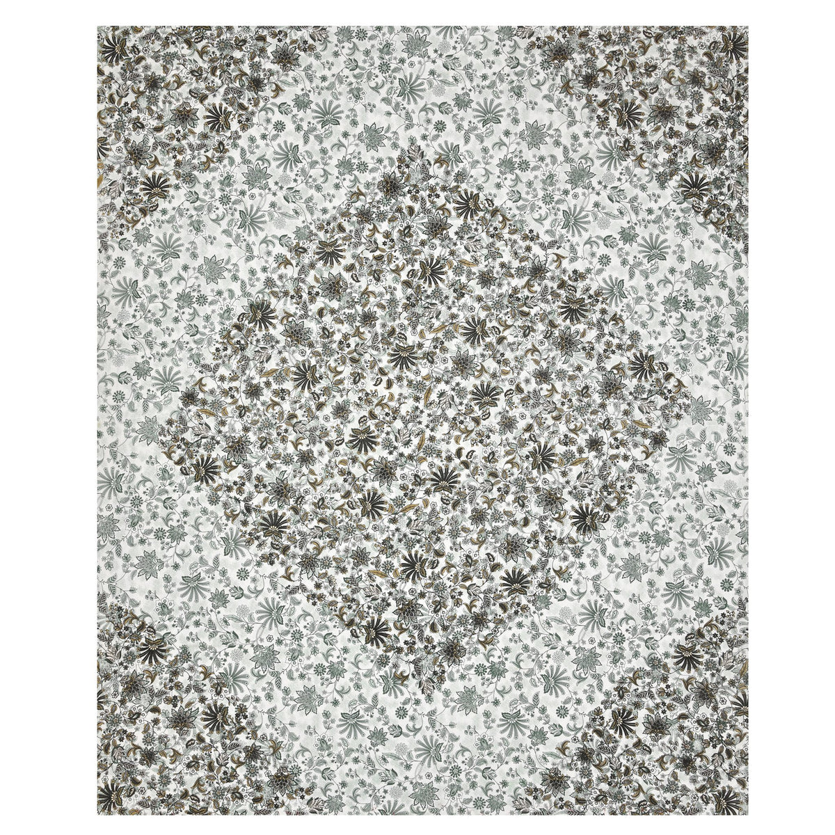 Full flat view of the grey floral 90x108 bedsheet showing the darker diamond centre and corner panels
