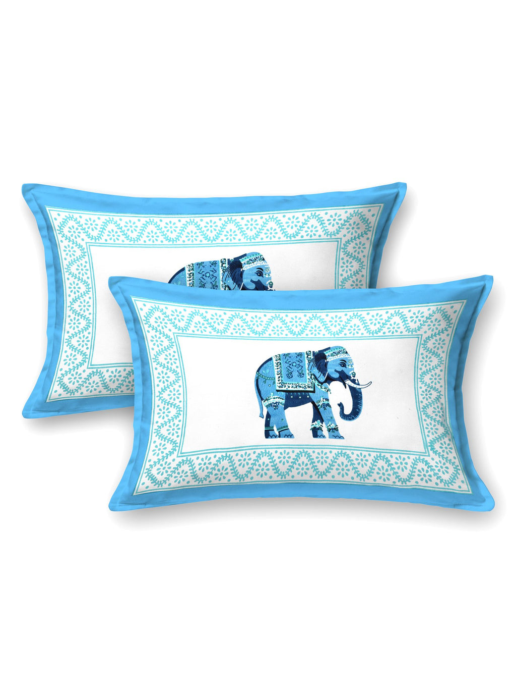 Two pillow covers with a sky blue frame and a single sky blue elephant motif in the centre