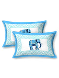 Two pillow covers with a sky blue frame and a single sky blue elephant motif in the centre