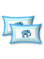 Two pillow covers with a sky blue frame and a single sky blue elephant motif in the centre