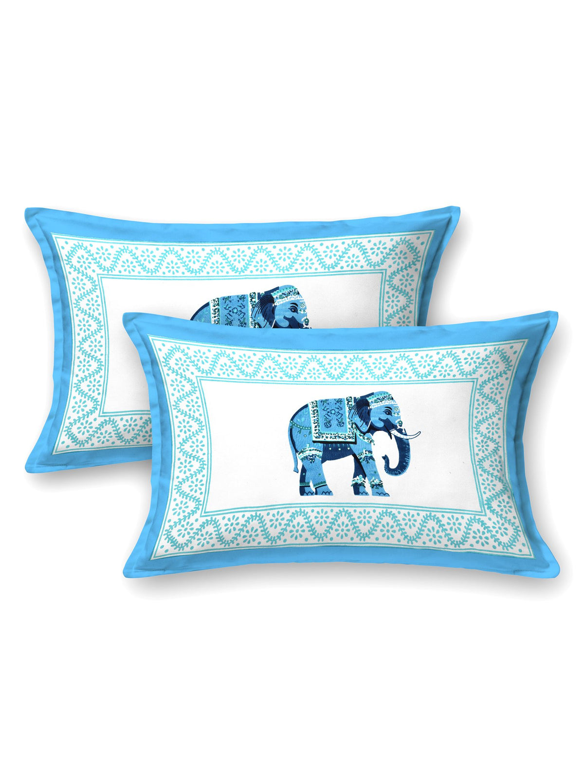 Two pillow covers with a sky blue frame and a single sky blue elephant motif in the centre