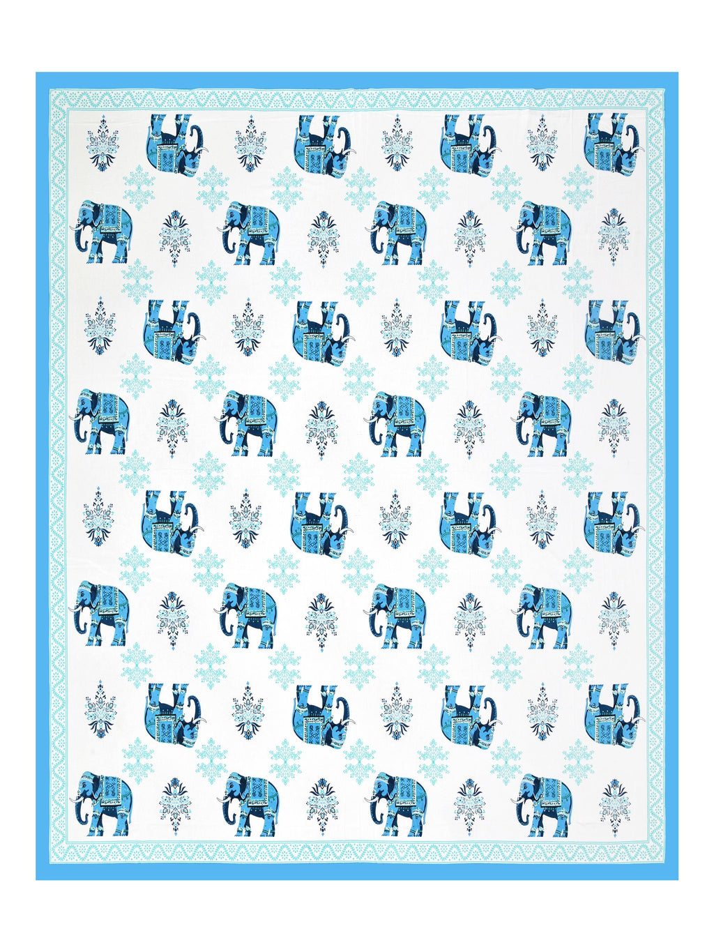 Full flat view of Castile India sky blue elephant print super king bedsheet 108x108 with border