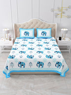 Front view of Castile India sky blue elephant print super king size bedsheet 108x108 with 2 pillow covers