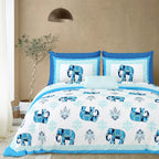 Styled bedroom view of the sky blue elephant print bedsheet with pillow covers