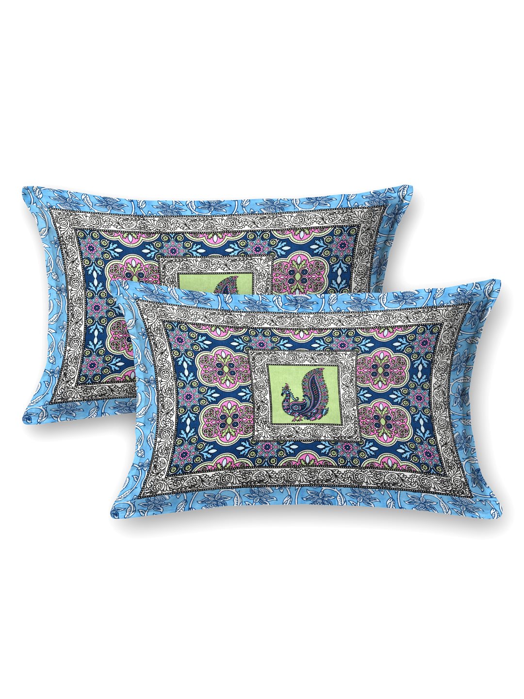 Two pillow covers with a navy ornamental border and a peacock on a lime-green patch, sky blue colourway