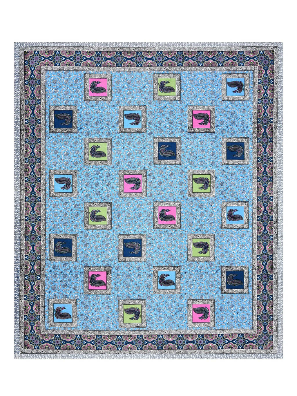 Full flat view of the sky blue peacock motif bedsheet with scattered patches and navy border