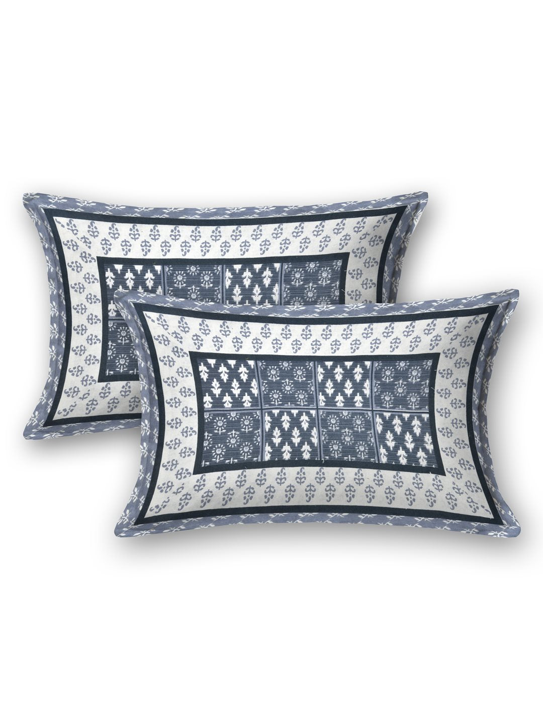 Two slate blue pillow covers with a framed buta grid centre and white buta border, Har_93_067 Blue