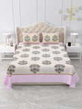 Front view of Castile India soft pink border bouquet buta bedsheet 90x108 with 2 pillow covers