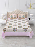 Front view of Castile India soft pink border bouquet buta bedsheet 90x108 with 2 pillow covers