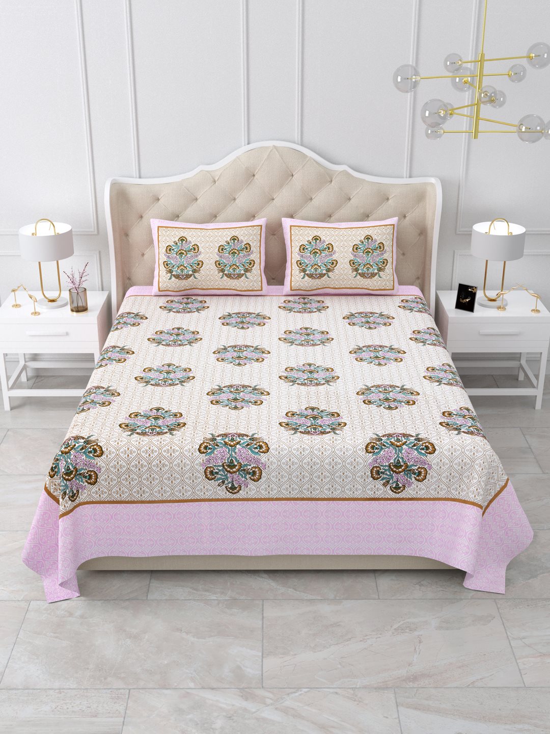 Front view of Castile India soft pink border bouquet buta bedsheet 90x108 with 2 pillow covers