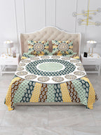Front view of Castile India teal and mustard mandala sunburst king size bedsheet 100x108 with 2 pillow covers