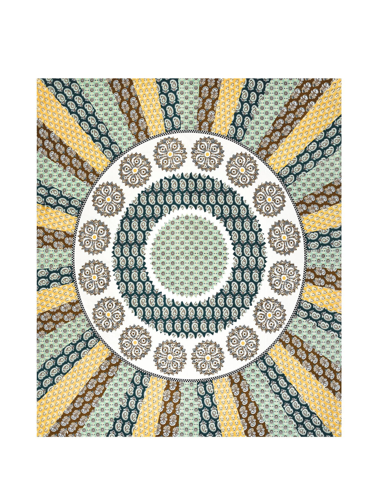 Full flat view of the teal and mustard mandala sunburst king size bedsheet