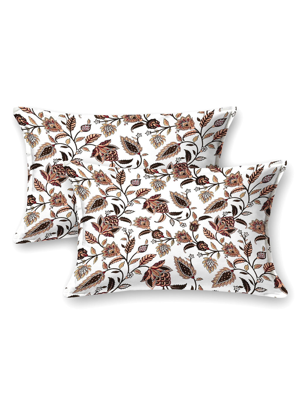 Two white pillow covers with rust, peach and brown trailing floral vine print
