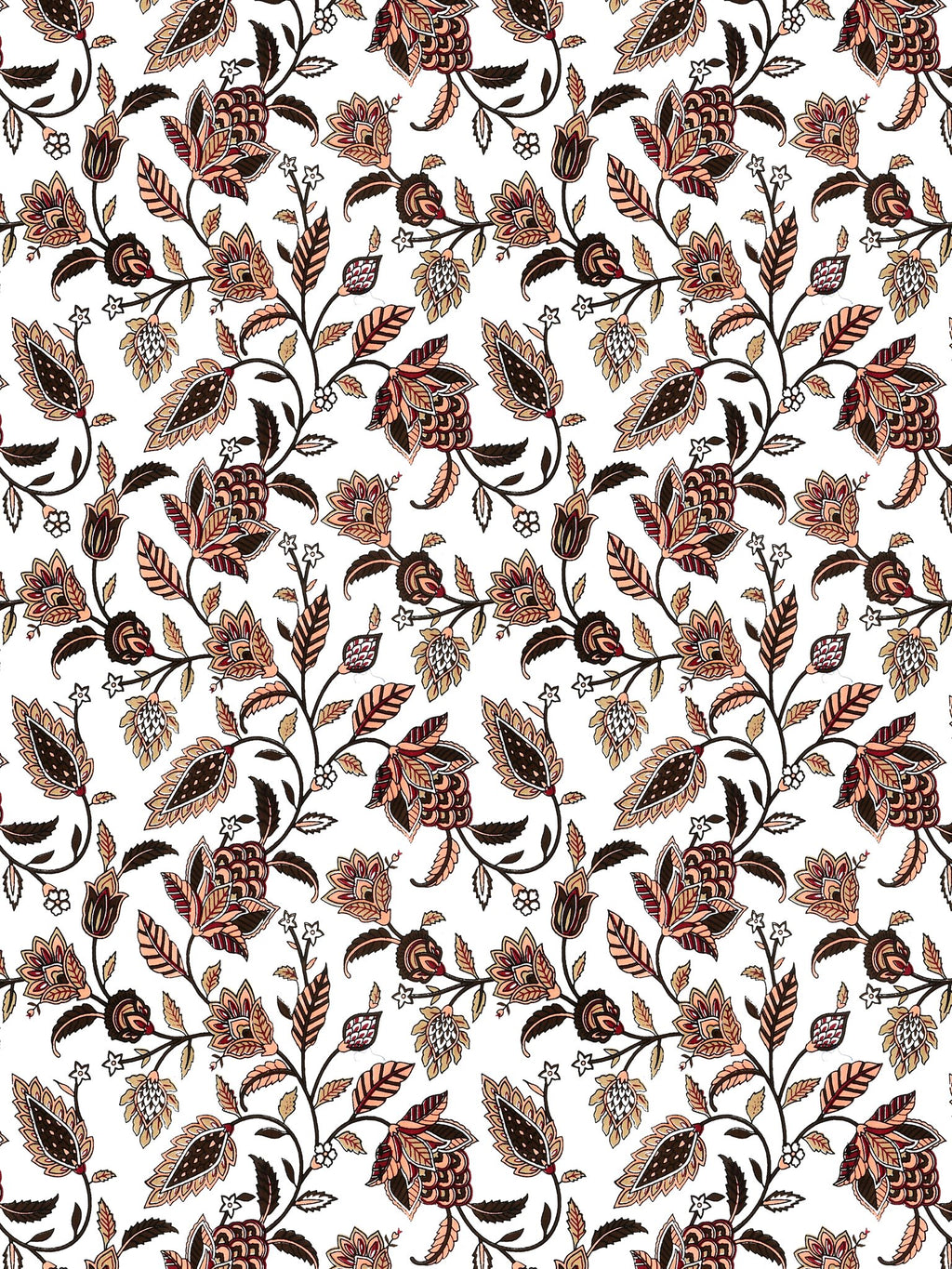 Close-up of the trailing rust, peach and chocolate brown floral vine pattern on white