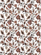Close-up of the trailing rust, peach and chocolate brown floral vine pattern on white