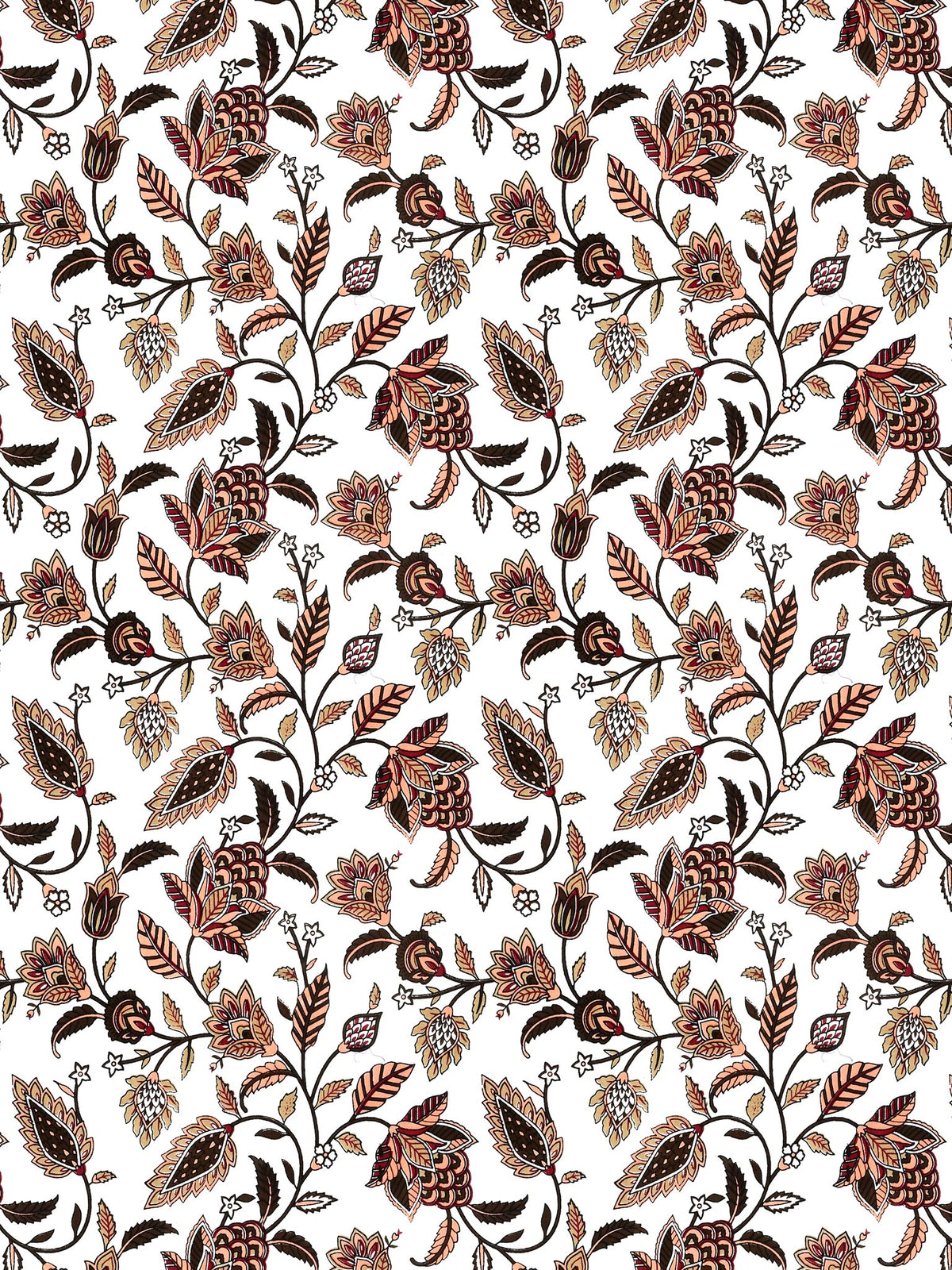 Close-up of the trailing rust, peach and chocolate brown floral vine pattern on white